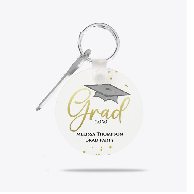 Graduate Gold Script Graduation Party Favor  Key Ring (Gold script graduate design on sleek black background for stylish graduation party favor.)