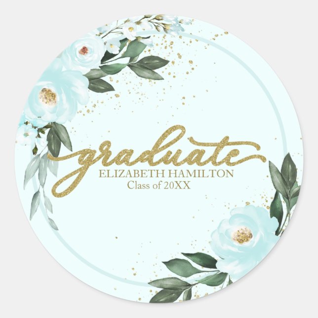 Graduate Gold Teal Floral Graduation Party Classic Round Sticker (Front)