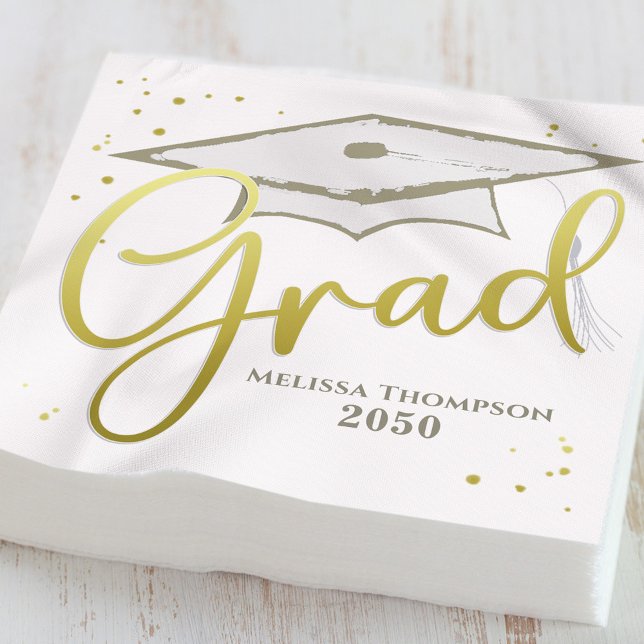 Graduate Grad Gold Calligraphy Graduation Cap Napkin (Personalized graduation luncheon napkins placed on a formal black and gold place setting)
