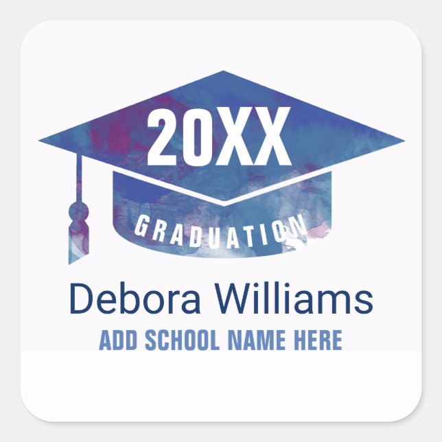 graduate / graduation academic class of, blue  square sticker (Front)
