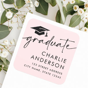 Graduate graduation cap light pink return address square sticker