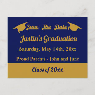 Graduate Graduation Save The Date Blue and Gold Postcard