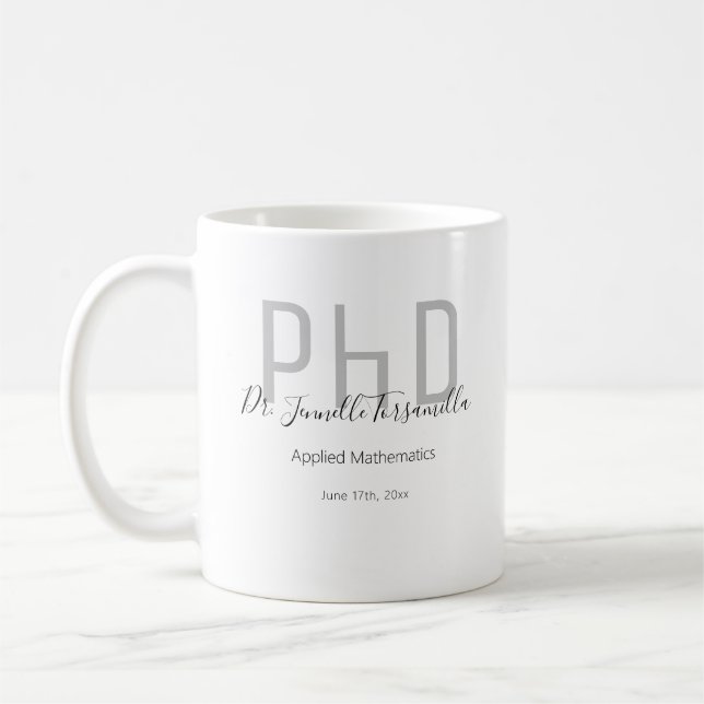 Graduate Grey Black Name PhD Coffee Mug (Left)