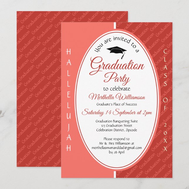 Graduate HALLELUJAH Custom Coral Graduation Invitation (Front/Back)