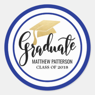 Graduate Handwritten Faux Gold Foil Hat Navy Blue Classic Round Sticker