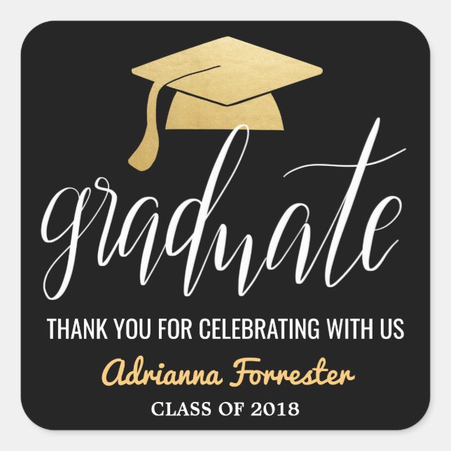 Graduate Handwritten Faux Gold Foil Hat Thank You Square Sticker (Front)