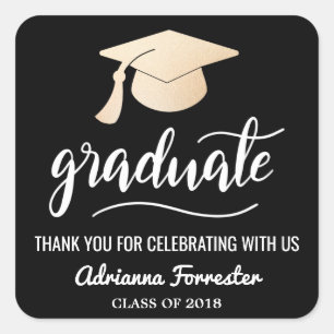 Graduate Handwritten Grad Hat Thank You Black Square Sticker