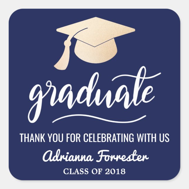 Graduate Handwritten | Hat | Thank You Navy Blue Square Sticker (Front)