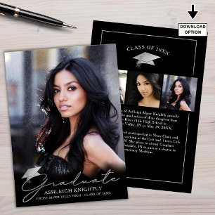 Graduate Handwritten Script Black Silver 4 Photo Announcement