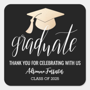 Graduate Handwritten Script Hat Thank You Black Square Sticker