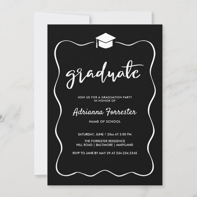 Graduate Hat Modern Cute Ribbon Frame Black Invitation (Front)