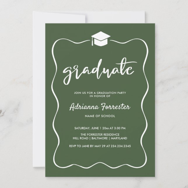 Graduate Hat Modern Cute Ribbon Frame Green Invitation (Front)