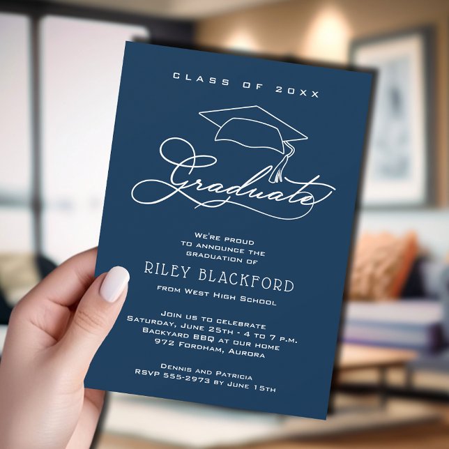 Graduate Hat Navy Blue Graduation Announcement (Navy blue graduation announcement cards feature your details in chic white lettering.)