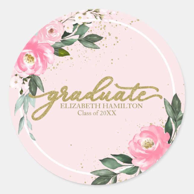 Graduate Hot Pink Floral Graduation Party Classic Round Sticker (Front)