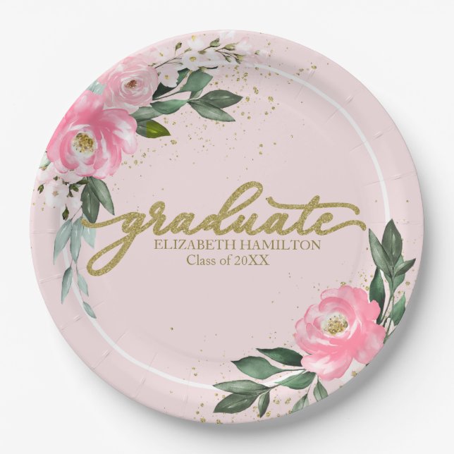 Graduate Hot Pink Floral Graduation Party Paper Plate (Front)