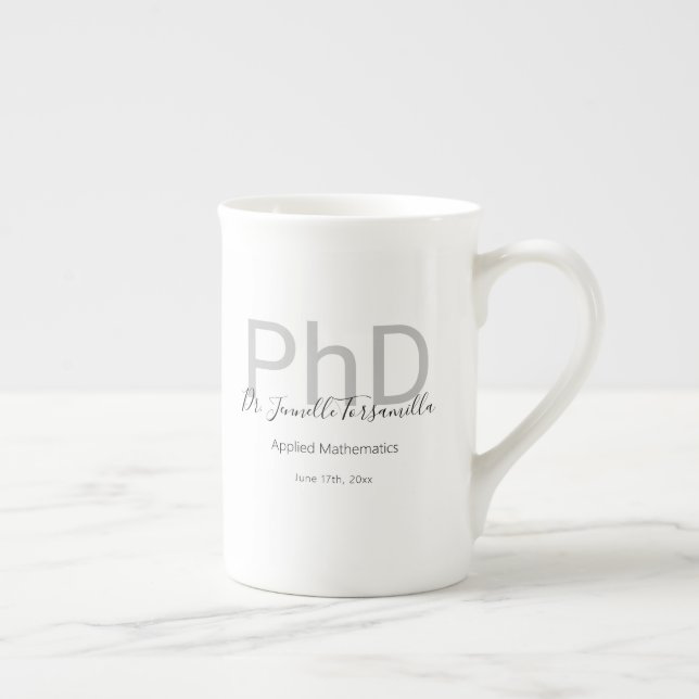 Graduate Keepsake Black Grey Name PhD Graduation Bone China Mug (Right)