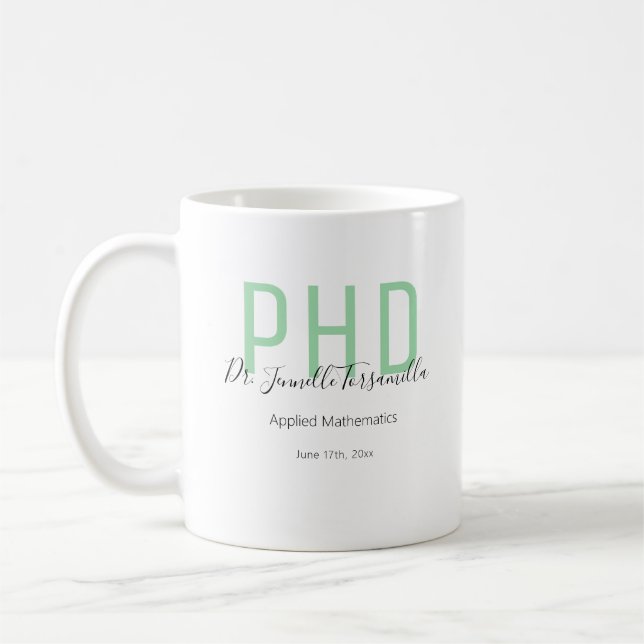 Graduate Keepsake Green Grey Name Degree PhD Coffee Mug (Left)