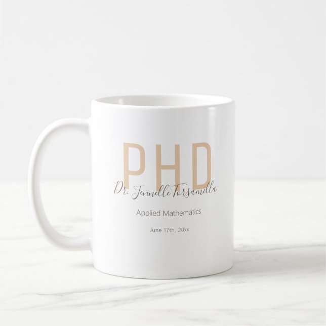 Graduate Keepsake Neutrals Brown Name Degree PhD Coffee Mug (Left)