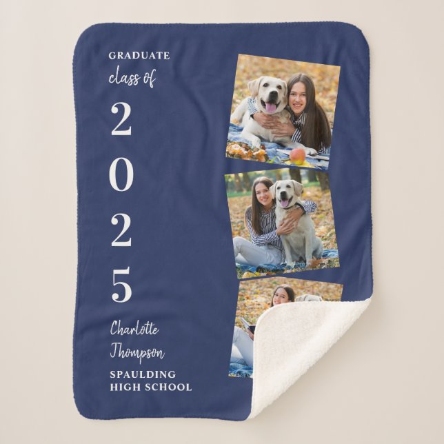 Graduate Keepsake Personalised 3 Photo Navy Blue  Sherpa Blanket (Front)