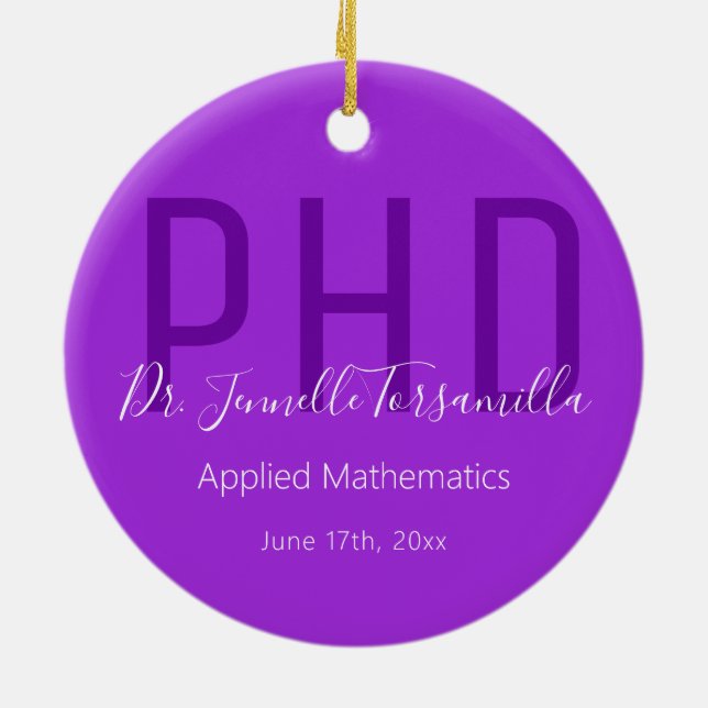 Graduate Keepsake Purple White Name Degree PhD Ceramic Tree Decoration (Back)