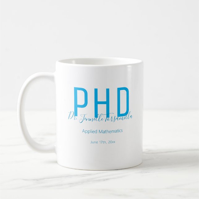 Graduate Keepsake White Blue Name Degree PhD Coffee Mug (Left)