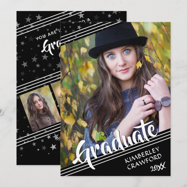Graduate, Lines & Stars | Black & White | 4-Photo Invitation (Front/Back)