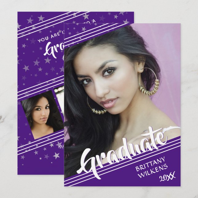 Graduate, Lines & Stars | Purple | 4-Photo Invitation (Front/Back)