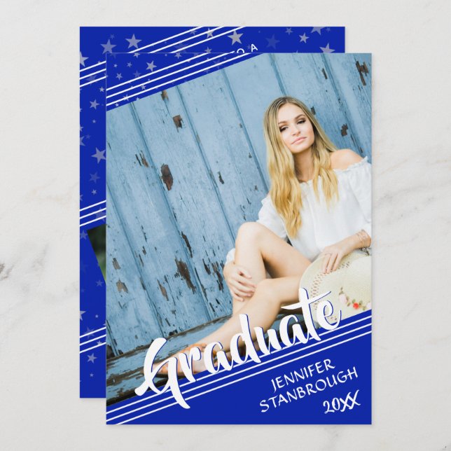 Graduate, Lines & Stars | Royal Blue & White 4-Pic Invitation (Front/Back)