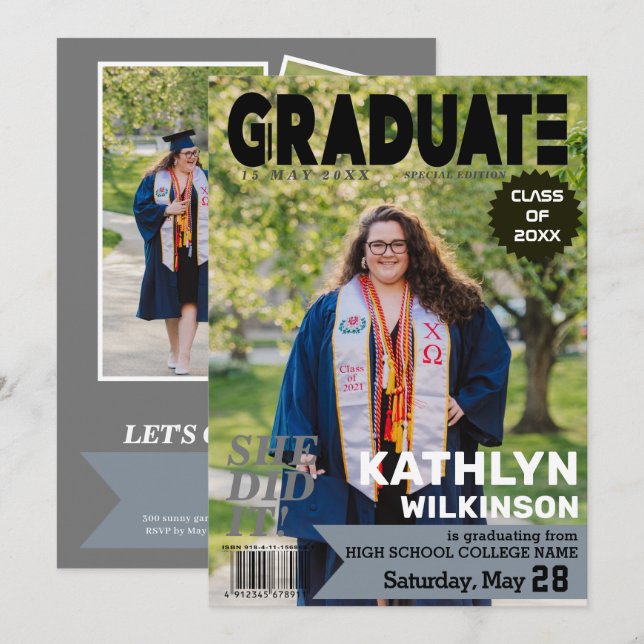 GRADUATE Magazine Cover Style 5 Photo Graduation Invitation (Front/Back)
