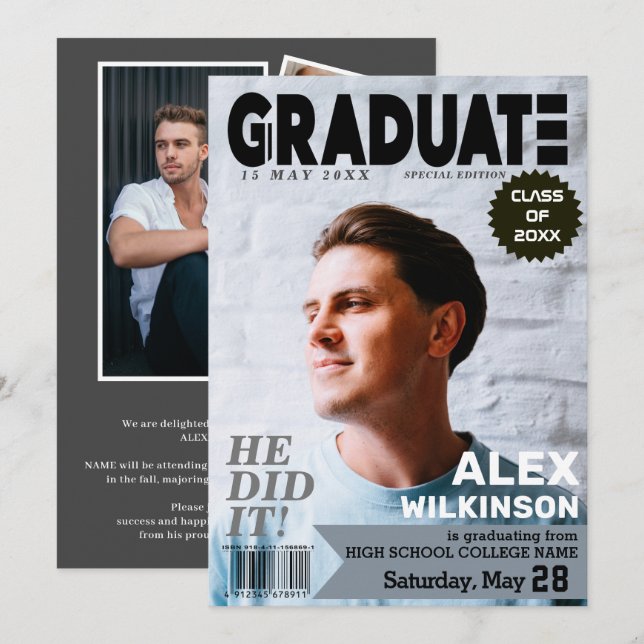 GRADUATE Magazine Cover Style Chic 5 Photo Collage Announcement (Front/Back)