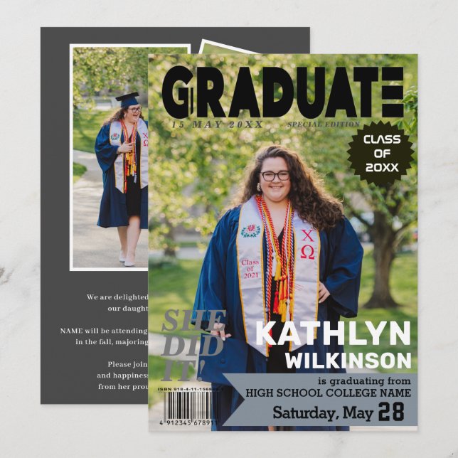 GRADUATE Magazine Cover Style Modern 5 Photo  Announcement (Front/Back)