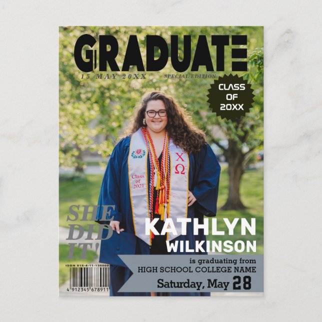 GRADUATE Magazine Cover Style Modern Photo Invitation Postcard (Front)