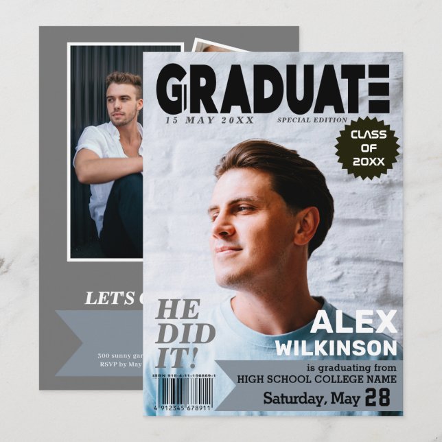 GRADUATE Magazine Cover Style Trendy 5 Photo Invitation (Front/Back)