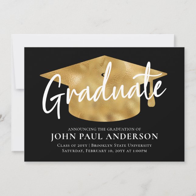 Graduate Metallic Gold Grad Cap Black Graduation Announcement (Front)