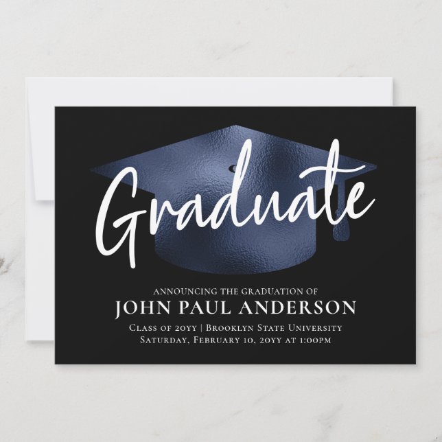 Graduate Metallic Navy Blue Cap Black Graduation Announcement (Front)