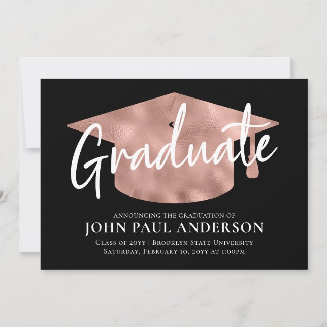 Graduate Metallic Rose Gold Cap Black Graduation Announcement (Front)