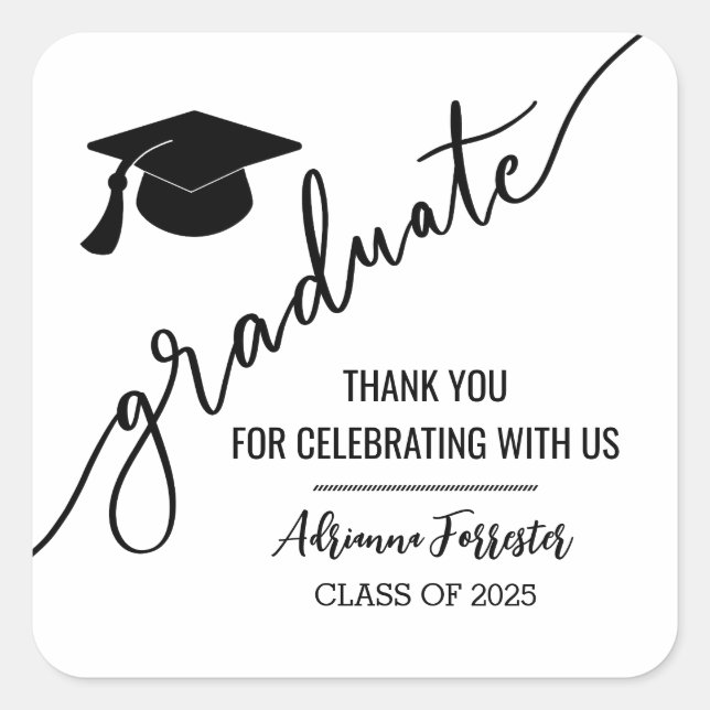 Graduate Minimal Script | Grad Hat Thank You  Square Sticker (Front)