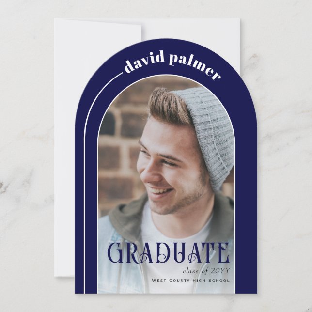 GRADUATE modern arch blue graduation photo Invitation (Front)