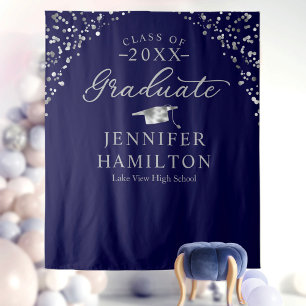 Graduate Modern Blue Silver Graduation Backdrop  Tapestry