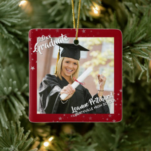 Graduate Modern Brush Script Stars Two Photos Red Ceramic Ornament
