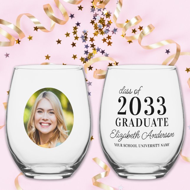 Graduate Modern Custom Photo School Graduation Stemless Wine Glass (Creator Uploaded)