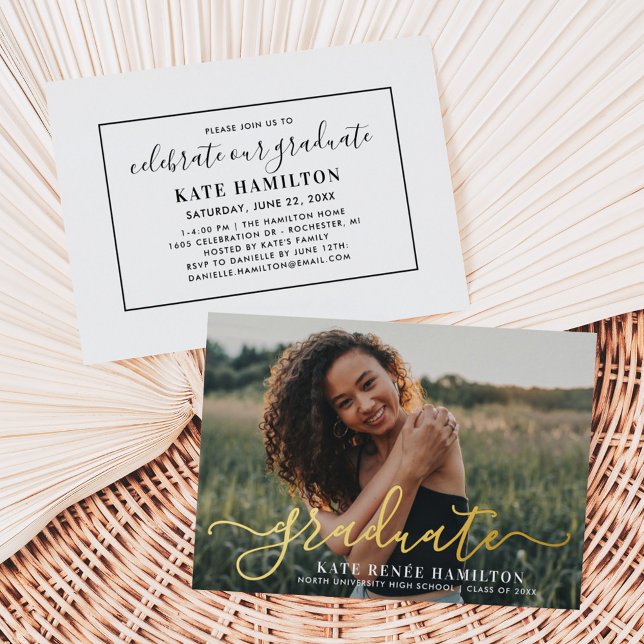 Graduate Modern Gold Script Graduation Party Photo (Creator Uploaded)