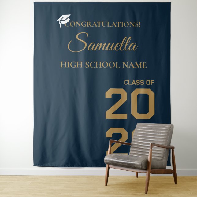 Graduate Modern Gold Script Graduation Party Tapestry (In Situ)
