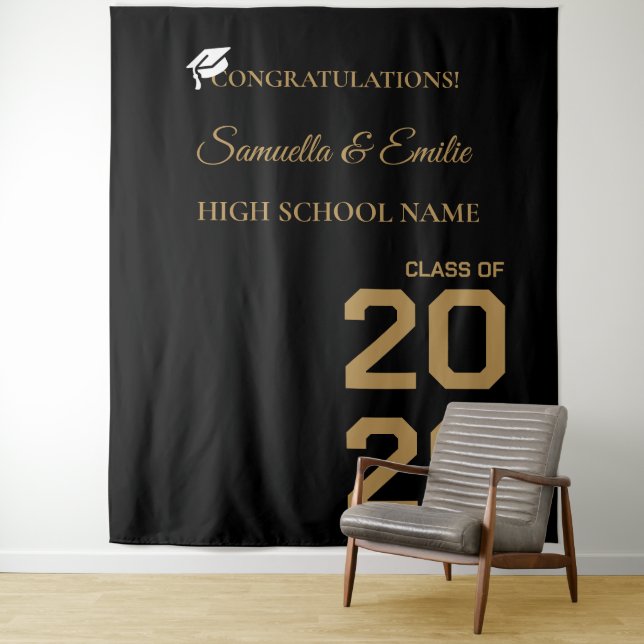 Graduate Modern Gold Script Twin Graduation Party Tapestry (In Situ)