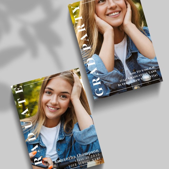 Graduate Modern Minimalist Simple Photo Template (Graduation "graduate" typography photo announcement. )