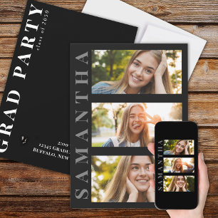 Graduate Modern Minimalist Simple Three Photo Invitation