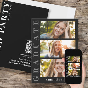 Graduate Modern Minimalist Three Photo QR Code Invitation