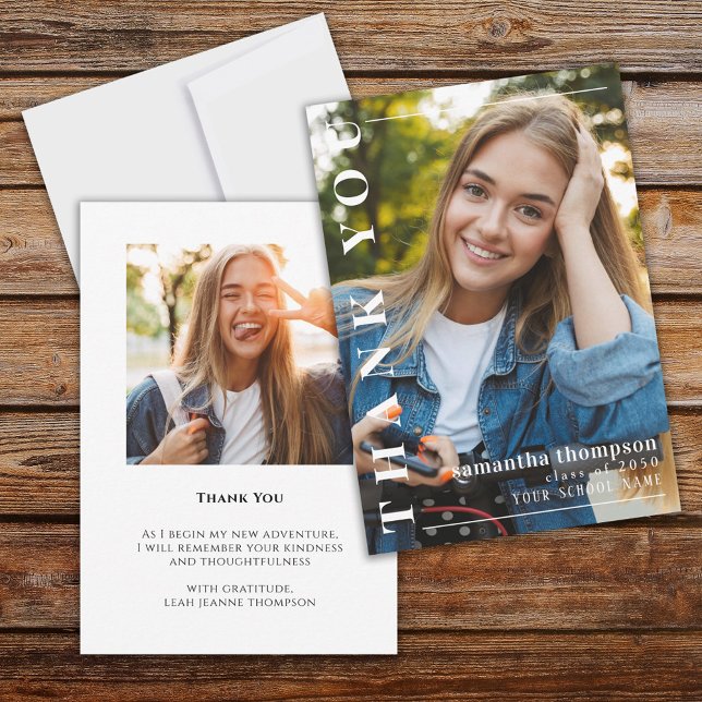 Graduate Modern Minimalist Two Photo Simple Thank You Card (Graduation thank you card with modern style typography and custom message)