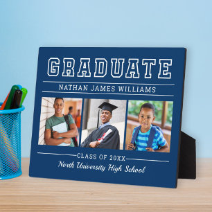 Graduate Modern Navy Blue 3 Photo Graduation Plaque
