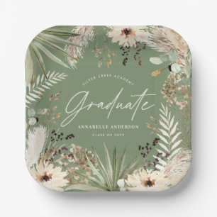 Graduate modern pampas grass sage green elegant paper plate